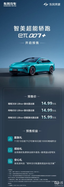东风奕派“智美超能轿跑”eπ007+ 预售：标配激光雷达、骁龙 SA8295P 车规级芯片，14.99 万元起