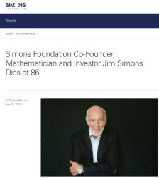 “量化投资之王”詹姆斯·西蒙斯去世，享年86岁
