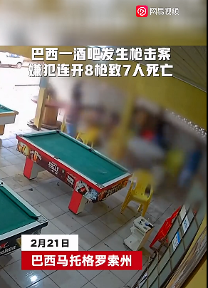 巴西一酒吧发生枪击案，男子连开8枪致7人死亡 监控拍下完整一幕