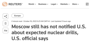 美称预计俄罗斯将很快举行核演习，但尚未接到俄方通知