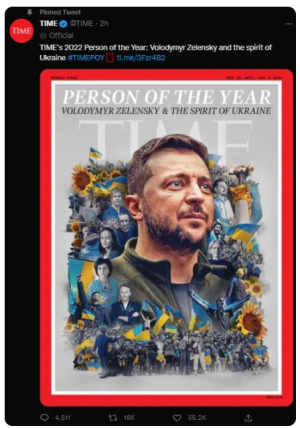 2022年《时代》杂志年度人物是泽连斯基和“乌克兰精神”