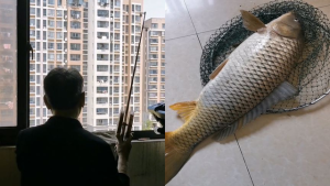 上海大爷在江景房阳台钓到8斤大鱼 热心邻居帮忙抄鱼