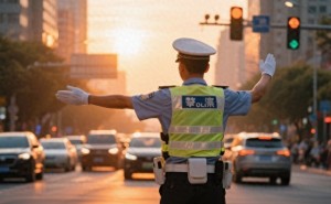 家长抓着幼儿衣领护学指挥交通