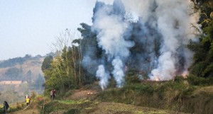 男子拜山时放鞭炮用竹筐罩防火