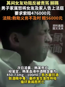 男子赴女友家飲酒喪命家屬索賠47萬 女子勸阻男友豪飲反被打罵