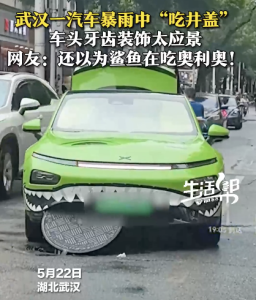 武漢暴雨街頭有車“吃井蓋” 鯊魚吃奧利奧走紅