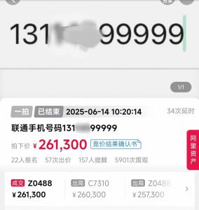 尾號(hào)99999手機(jī)號(hào)拍出26.13萬元 57輪競拍落錘