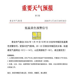 山东泰安发布低温黄色预警 严防寒潮影响