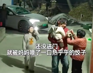 男子驱车返乡刚下车就被妈妈喂饺子 网友：幸福具像化了