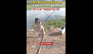 实拍：爸爸让娃代钓9斤黑鱼上钩