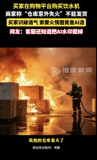 网上买饮水机商家称仓库失火拒发货 AI火情图引发争议