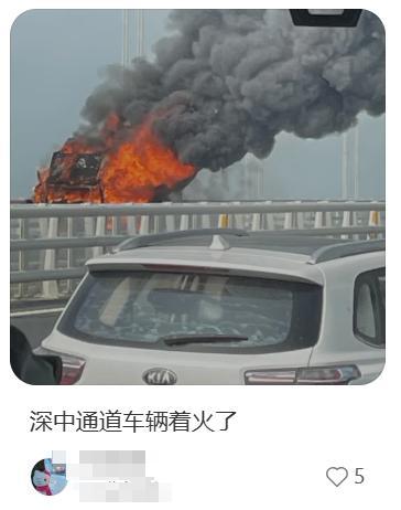 深中通道一车辆起火 现场浓烟滚滚 消防迅速响应灭火