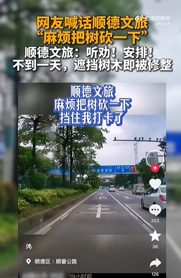 广东顺德文旅听劝修整遮挡招牌树木