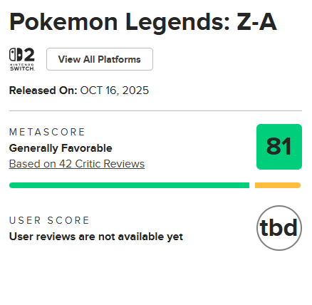 《宝可梦传说 Z-A》M站均分81:目前最出色的宝可梦游戏!