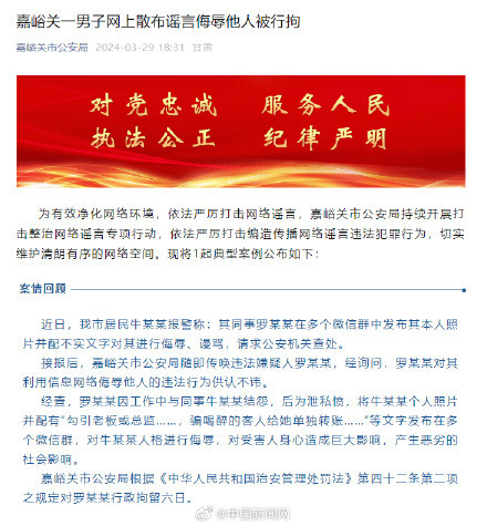 男子网上散布女同事谣言被行拘