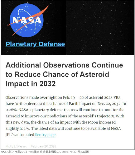 NASA下調(diào)小行星撞地球概率至“近零”