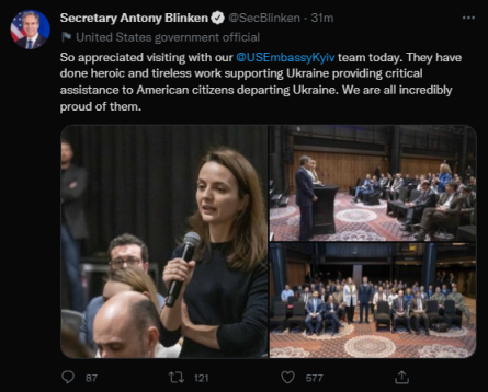 美国国务卿布林肯承认短暂入境乌克兰