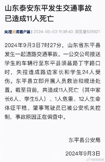 11死24伤 山东泰安东平发生交通事故 肇事司机被控