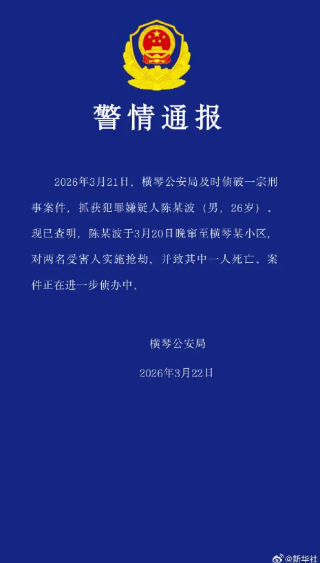 男子进小区抢劫致1人死亡 警方通报