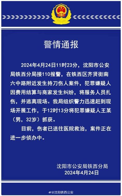 沈阳警方通报男子持凶器当街捅人：犯罪嫌疑人已被抓获