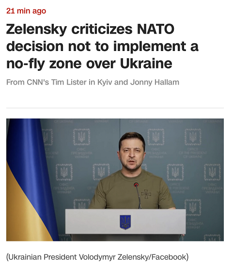 北约拒绝在乌建立禁飞区，泽连斯基发表讲话指责