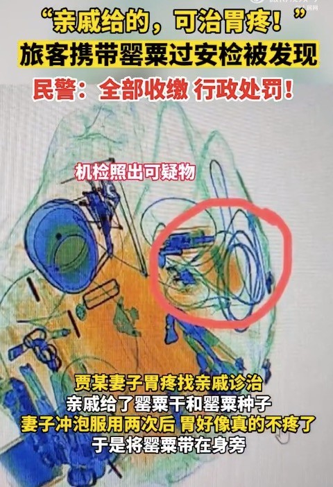 旅客携带罂粟过安检称治胃病