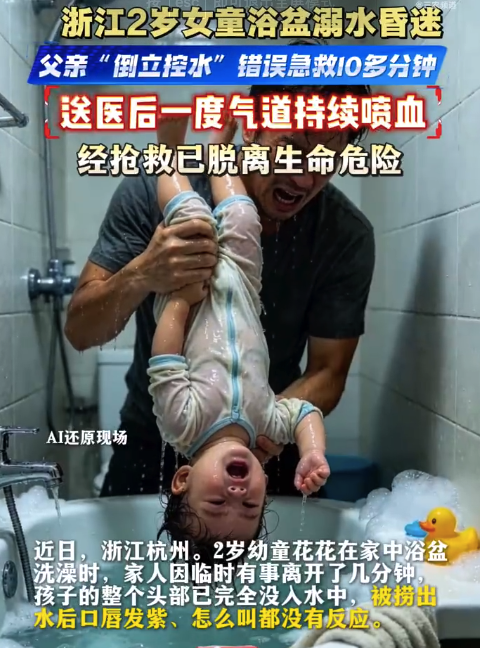 2岁女童浴盆溺水父亲倒立控水 送医后一度气道持续喷血