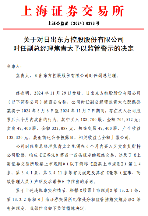 上交所对日出东方时任副总经理焦青太予以监管警示