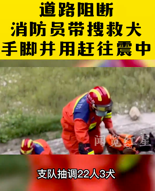 道路阻断！消防员带搜救犬手脚并用赶往震中救援