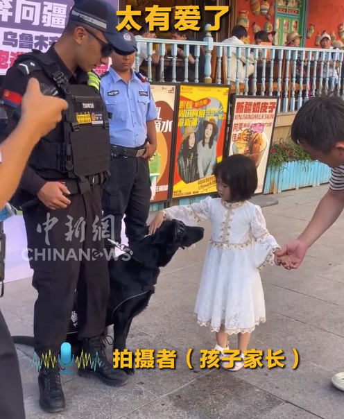 被萌娃摸警犬的瞬间暖化了 新疆街头萌娃与警犬互动