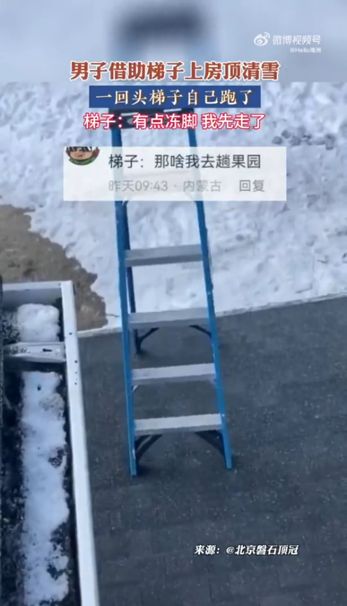 男子上房顶清雪 转眼一看梯子走了