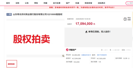 寿光农商行1200万股股权流拍，起拍价为1.40元/股