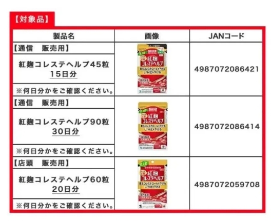 小林制药日本公司官网宣布召回的相关产品截图