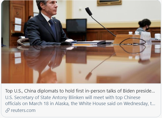 拜登上任后，中美即将进行首次面对面会晤。/路透社报道截图