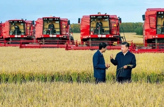 2018年9月25日至28日，习近平总书记在东北三省考察并主持召开深入推进东北振兴座谈会。这是25日下午，习近平总书记在黑龙江农垦建三江管理局七星农场万亩大地号了解粮食生产和收获情况。新华社记者 谢环驰/摄