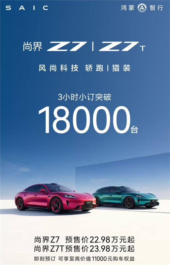 尚界Z7/Z7T新车3小时小订突破1.8万台 预售佳绩引发关注