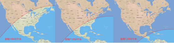 导弹从朝鲜本土起飞时射程分别为10000、11000和13000千米时，所覆盖的范围（红色区域）