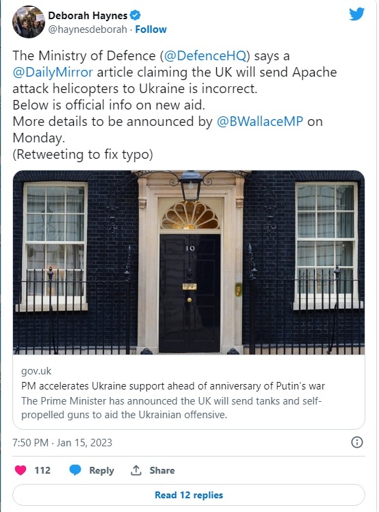 英国防部否认将向乌克兰提供“阿帕奇”武直的消息