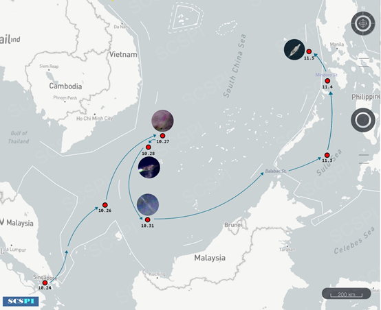图2 美海军“卡尔·文森”号航母行动路线图,10月24日-11月5日