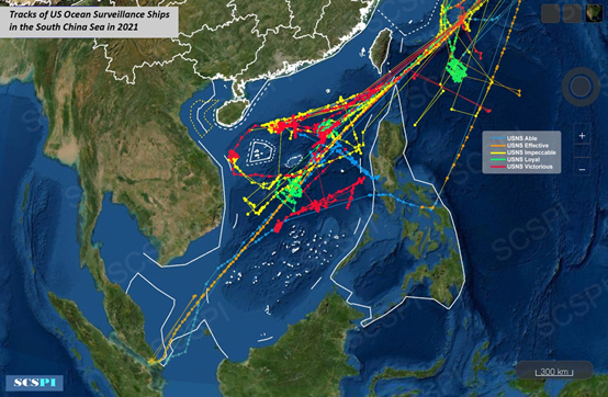 图6 2021年美军五艘海洋监视船活动轨迹图