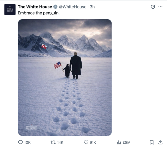 白宫发特朗普在格陵兰岛牵企鹅AI图