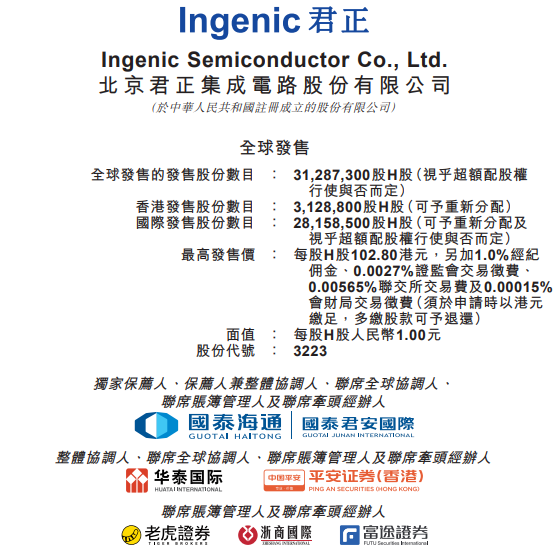 君正股份（03223.HK） H股发售价将不高于每股102.80港元