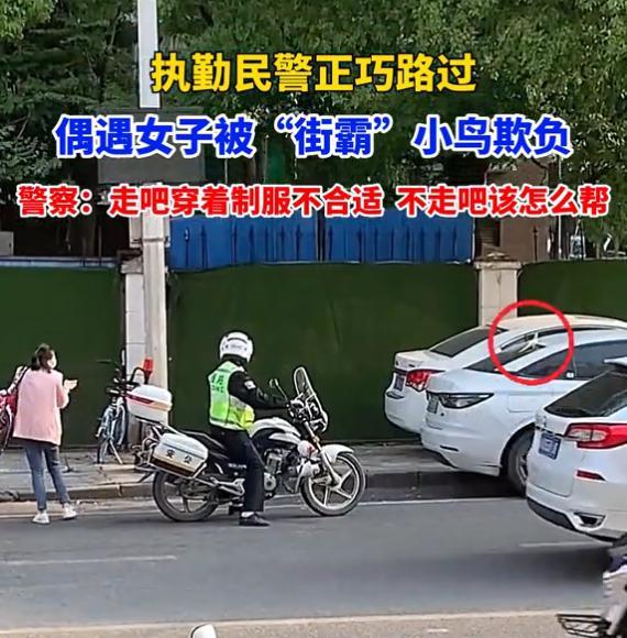 湖北一女子遭“街霸”小鸟欺负 躲到交警旁边后，小鸟就不追了