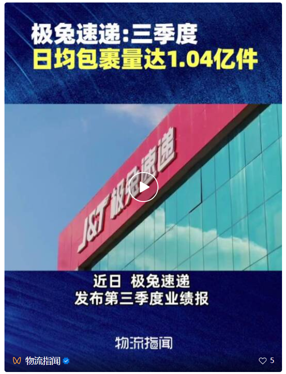 极兔速递第三季度日均包裹量达1.04亿件，连续两个季度破亿