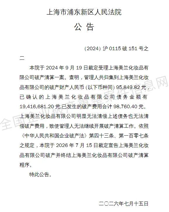 “上海雪花膏”生产商美兰破产