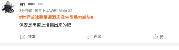 世界游泳冠军遭酒店救生员暴力威胁 手机被抢被骂脏话