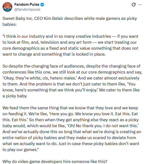 SweetBaby总裁骂白人男性玩家:你们是挑剔的婴儿