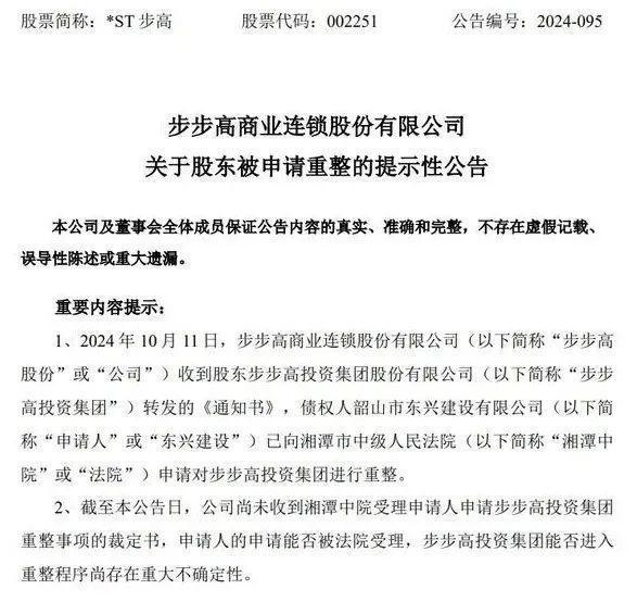 步步高商业连锁股份被申请破产 母公司陷破产审查