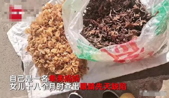 单亲妈妈冷风中带女儿路边卖干菜