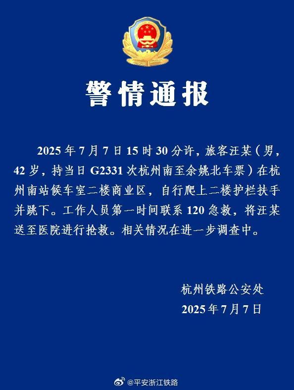 男子在杭州南站坠楼 警方通报 旅客自行跳下护栏